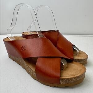 Yokono Brown Leather Criss Cross Wedge Slide Sandals Women's Sz 9